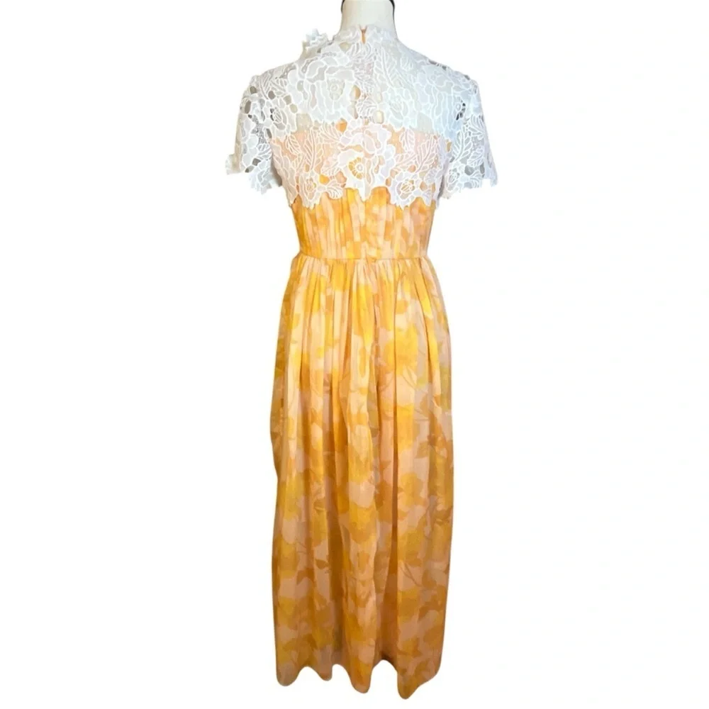 Vintage Yellow Floral Maxi Dress Lace Top Womens Size Small Prairie Retro Whimsy